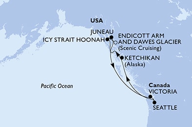 Harta itinerariu — Croaziera Alaska MSC Poesia 2026